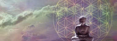 Buddha Yaşam Çiçeği Sembolü üzerine Meditasyon - soldaki metin için sağdaki ve soldaki yaşam şablonuna merkezi yerleştirilmiş bir Buda ikonu ile güzel pembe bulutlu arkaplan