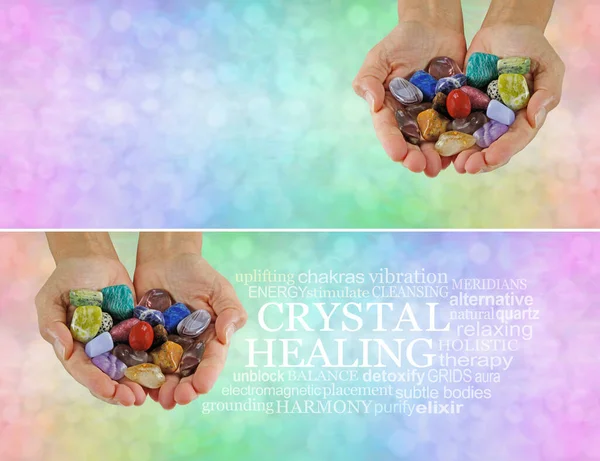 Banner Mensaje Arcoíris Palabra Terapia Cristal Mujer Sosteniendo Una Selección —  Fotos de Stock
