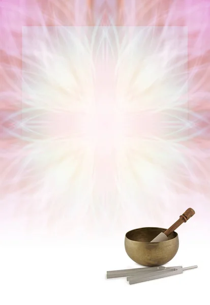 Holistic Spiritual Sound Therapy Award Diploma Certificate Background Template - pink symmetrical floral pattern background fading to white with a Tibetan singing bowl and tuning forks in bottom right corner and copy space