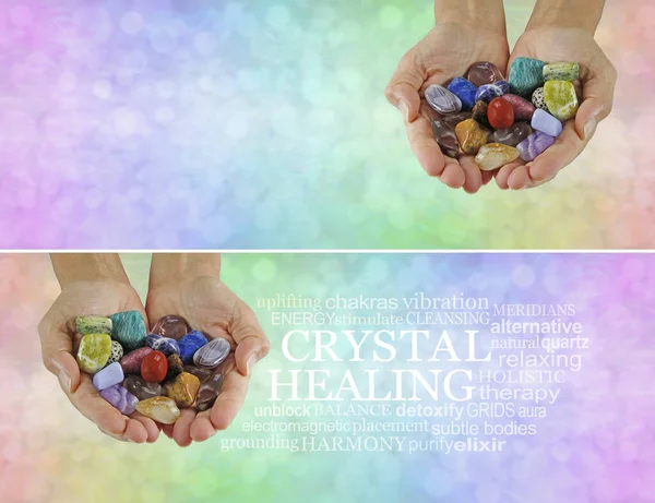 Crystal therapy word cloud rainbow message banner - female holding a selection of healing stones against a rainbow bokeh background with a relevant word cloud and copy space for messages