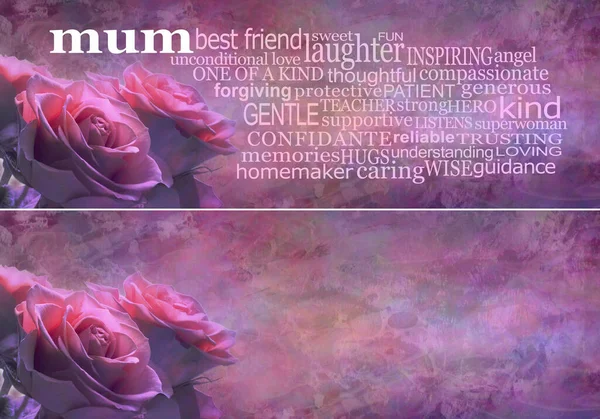 Words associated with Mothering Sunday and a wonderful Mother - pink rose heads on left and a MUM word cloud on right against a rustic pink background to celebrate Mother\'s Day