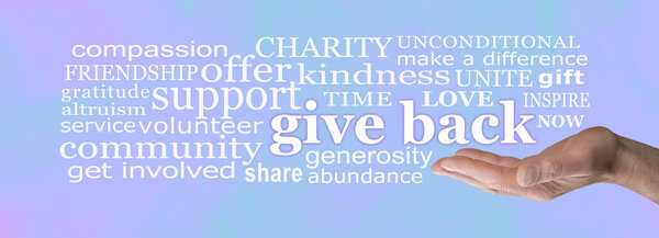 Слова, связанные с возвратом концептуального баннера - мужская рука, предлагающая слова GIVE BACK, окруженные соответствующим облаком слов на бледно-синем зеленом фоне                             