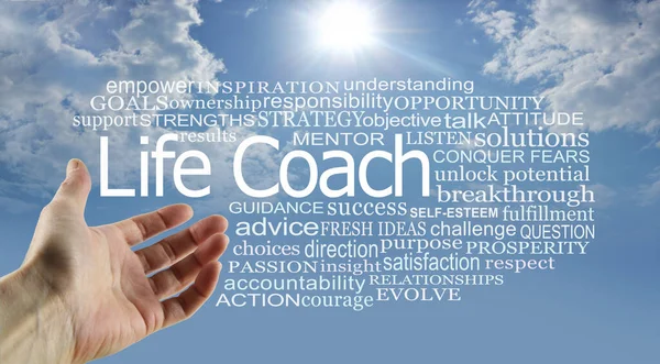 Words Associated Benefits Using Life Coach Back Concept Banner Hand — Stock Photo, Image
