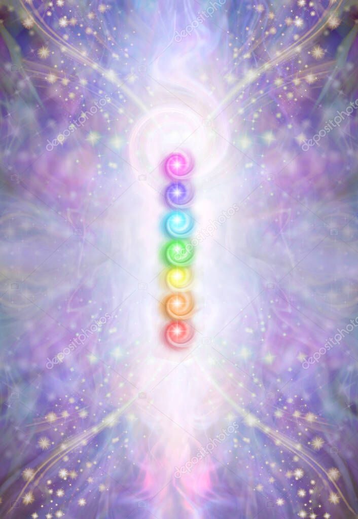 Seven Major Chakras and spiral energy field - beautiful sparkling ethereal purple energy with 7 rainbow coloured chakra energy vortexes place centrally and copy space all around for messages