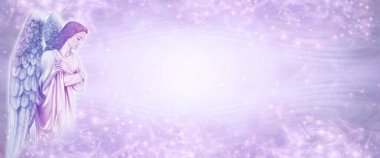 Melek Mesajı ruhani ışıltı arka plan pankartı - sol tarafta derin düşünceli melek geniş, pembe, ışıltılı kenarlık çerçevesi ve boşluk kopyala