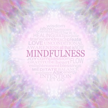 Farkındalık Duvar Sanatı Kelime Çemberi - ince, soluk pembe ve yeşil simetrik desenli bir sınıra karşı MindFULNESS ile ilgili güzel dairesel şifa dizilimi