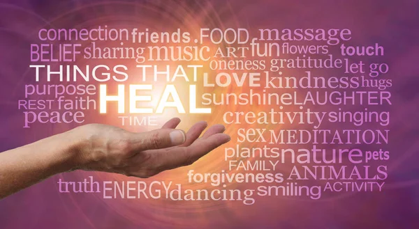 Words Associated Things Heal Wall Art Female Hand Surrounded Healing — Stock Photo, Image