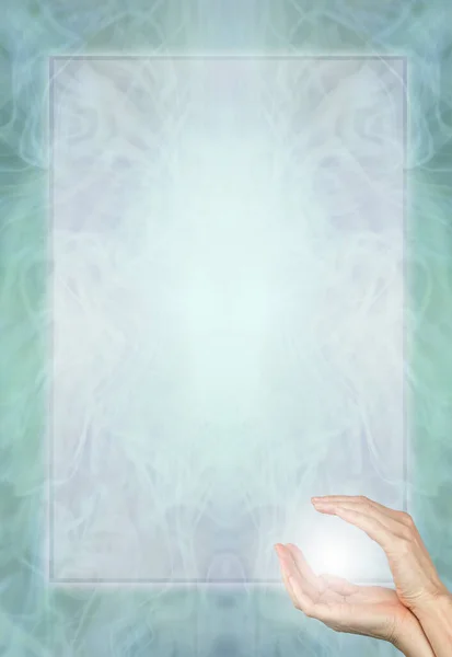 Spiritual Reiki Healing Course Certicate Diploma Award Background - Female cupped hands with white light against a jade green frame border background ideal for an accreditation certificate or advert