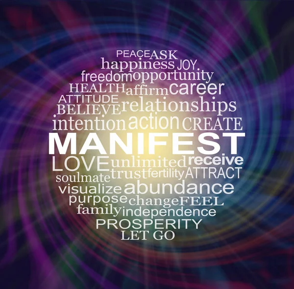 Circular Word Cloud Associated Manifesting What You Want Rotating Spiral — Stock Photo, Image