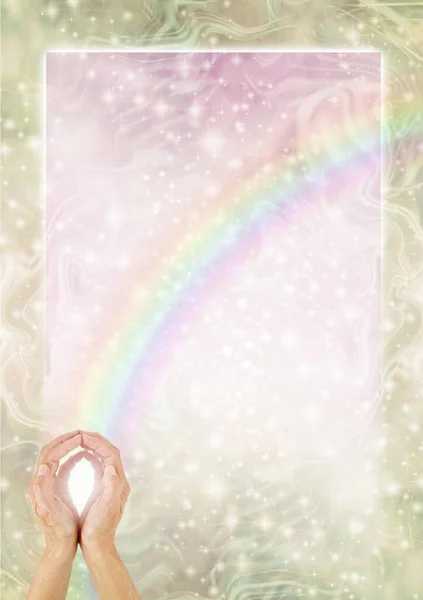 Faith Healers Golden Rainbow Border Template Background Weibliche Hände Mit — Stockfoto