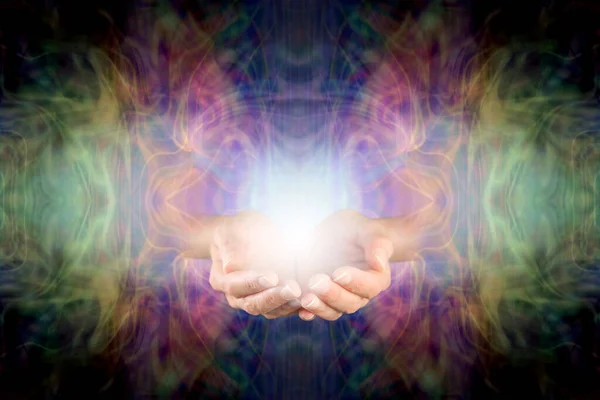 Darkness Light Healing Hands Жіноча Рука Палітрі Біла Куля Виходить — стокове фото