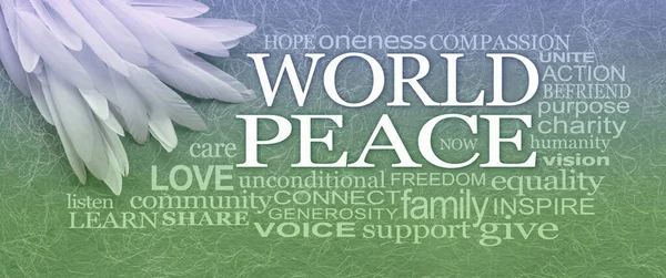 White feather for World Peace Word Cloud - long white feathers in left top corner against a fibrous blue green graduated background with a WORLD PEACE word cloud