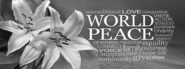 White lilies peace symbol word cloud - simplistic black and white image of white lily heads on a material texture background beside a WORLD PEACE word cloud