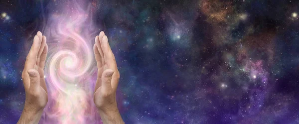 Cosmic Energy Healer Channeling Vortex Message Banner Męskie Równoległe Ręce — Zdjęcie stockowe