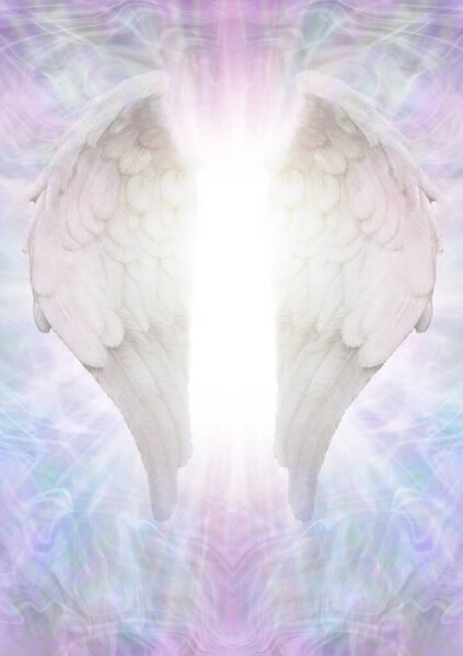 Ангел крылья духовного диплома сертификат награждения объявление приглашение реклама шаблон фона - пара ангельских крыльев с вспышкой белого света между на пастельном цветном эфирном фоне 