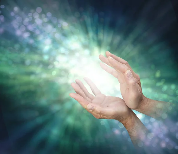 Channelling Healing Energy Needed Male Cupped Hands Light Stream Outward — Stock Photo, Image