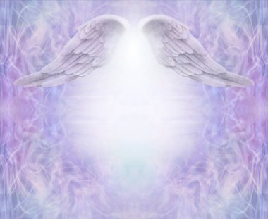 Sweet Angel Wings Message Background template - beautiful angelic wings above bright white light orb against lacey wispy lilac border ideal for spiritual theme advert message board