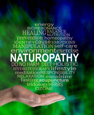 Naturopati Kelime Bulutu Çemberi 'nin faydalarını sunuyorum. Çağdaş, soyut, mavi, siyah bir arka plana karşı Naturopati ile ilgili dairesel bir kelime bulutu olan erkek eli.                               