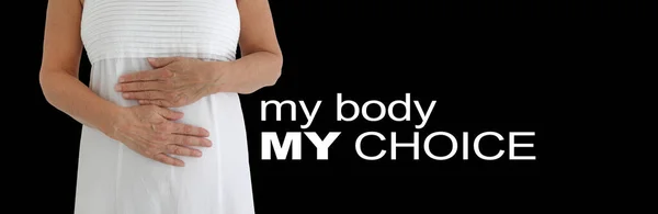 Body Choice Message Banner Female White Dress Hands Torso Protective — Stok Foto