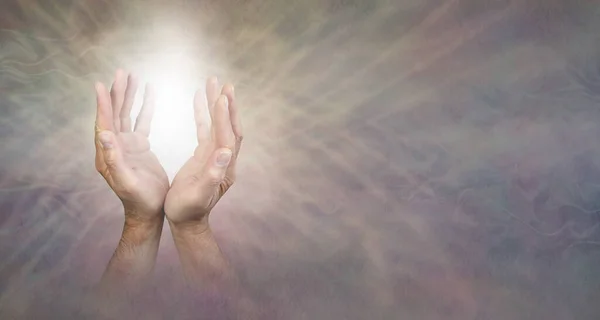 Sending Out Beautiful Gentle Healing Energy Mature Male Hands Reaching — Zdjęcie stockowe