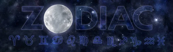 Doze Sinais Celestes Lua Céu Noturno Zodíaco Belo Fundo Cosmos — Fotografia de Stock