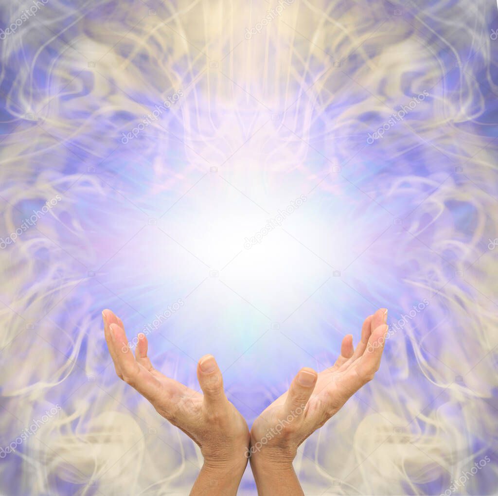Sensing scalar healing energy message banner - female cupped hands reaching up to a  white light energy orb against a lilac and gold symmetrical ethereal  pattern background with copy space for messages 