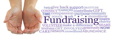 What will you give to our Fundraising Campaign Word Cloud -  female cupped hands beside a FUNDRAISING word cloud against a white background                           