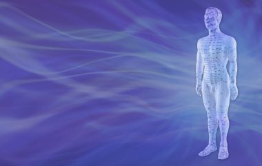 Acupuncture teaching dummy Template - full frontal demo doll showing meridians and points on right side against a blue flowing energy background ideal for a powerpoint presentation, advert, course, award or diploma