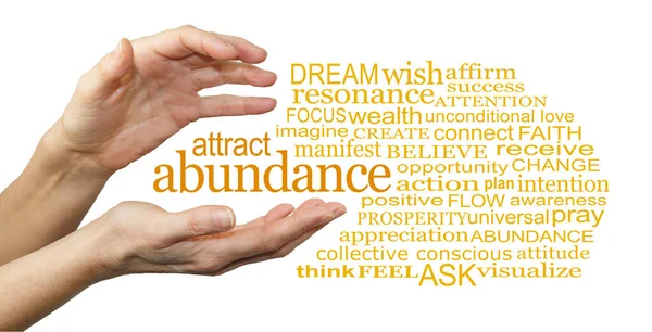 Words Associated Attracting Abundance Word Cloud Female Cupped Hands Attract — Fotografie, imagine de stoc