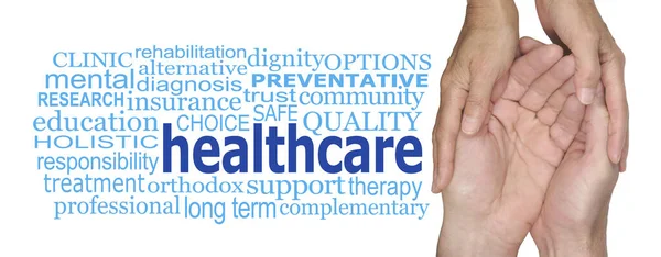 Care Community Healthcare Concept Word Cloud Female Hands Gently Holding — Photo