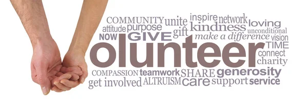 Team Volunteer Word Cloud Female Hand Cradling Male Hand Making — Photo