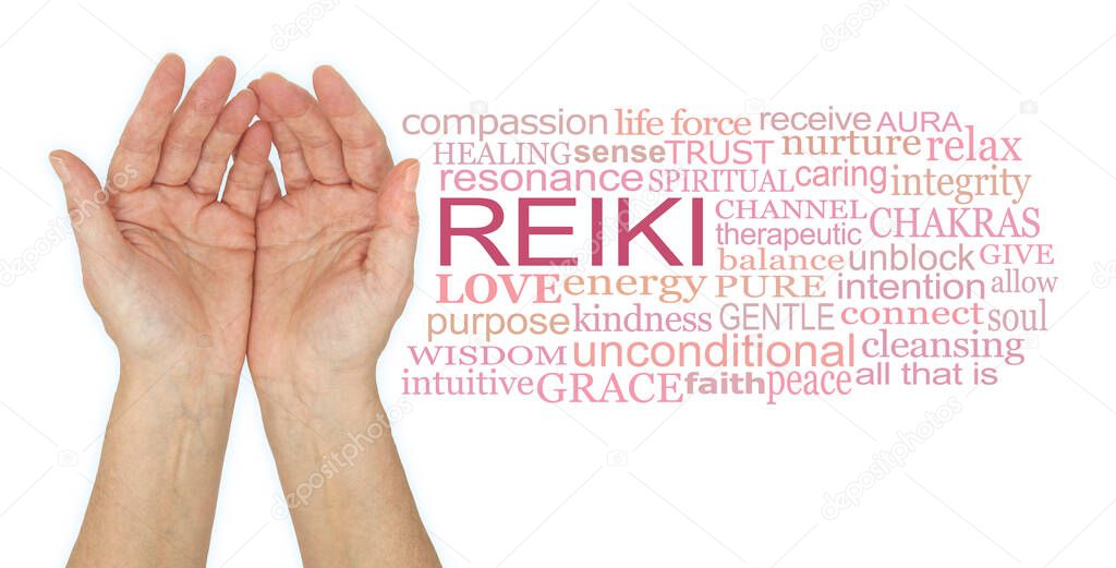 Humble reiki healing hands word cloud - female cupped hands beside REIKI word cloud against white background