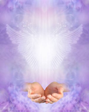 Angel Blessing Lilac Memo Template - female cupped hands with Angel wings above against an ethereal wispy background ideal for a prayer, advert, certificate, award, diploma, invitation, course content