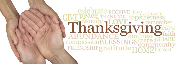Worte Zusammenhang Mit Thanksgiving Weibliche Hände Umschlingen Männliche Hände Neben — Stockfoto