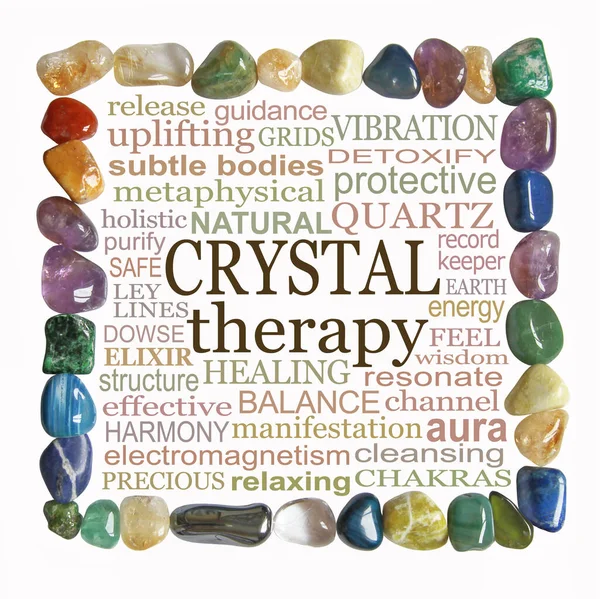 Crystal therapy word cloud wall art - single row of tumbled healing crystals neatly arranged making a perfect square with a CRYSTAL THERAPY word tag cloud inside on a white background