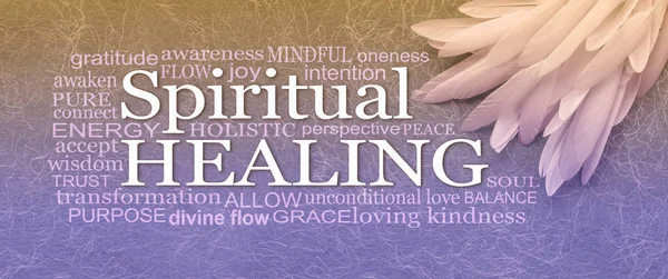 Spiritual Healing Shaman Feather theme Word cloud - long thin white bird feathers in right corner beside a SPIRITUAL HEALING word cloud against gold lilac fibrous texture background