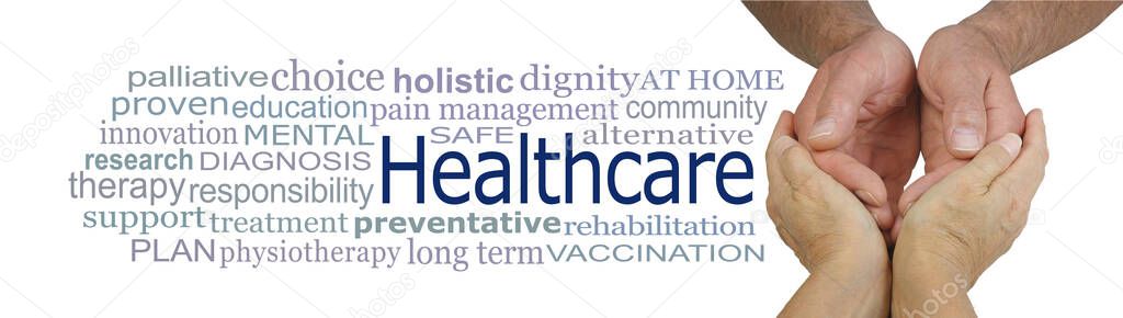 Words associated with Healthcare - female hands cupped around male hands beside a word cloud relevant to HEALTHCARE on a white background