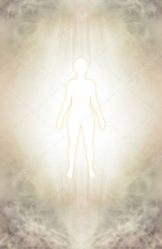 Connect with your higher spirit - white silhouette female figure against a white light and pale gold background ideal for a spiritual goddess theme template background                               