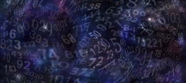 Kozmik Gece Gökyüzü ve Kaotik Sayılar - sayısal karanlık uzay arkaplanı kavramı bir reklam, davetiye, web sitesi afişi için ideal dönen numaralarla dolu
