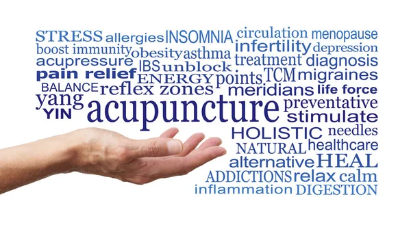 Woorden Geassocieerd Met Acupunctuur Witte Achtergrond Vrouwelijke Open Hand Met — Stockfoto