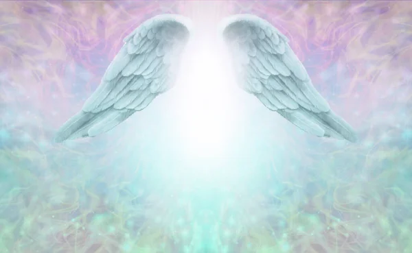 Angel Wings Message Template Pink Blue Ethereal Symmetrical Backgroundwith Angel — Stock Photo, Image