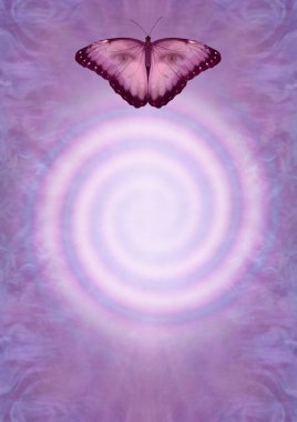 Spiritüel Butterfleyes spiral mesaj şablonu - paranormal konsept morumsu kelebek insan gözleri ile göksel ince mor leylak ve bütünsel iyileştirme teması için beyaz spiral arka plan ideal