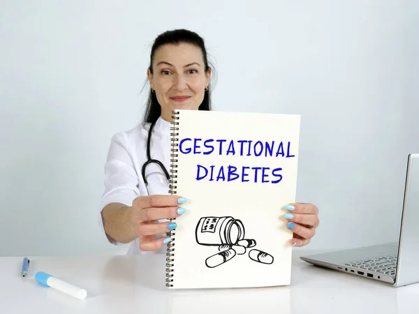 GESTATIONAL DIABETES text in list. Doctor looking for something at laptop