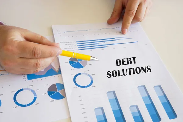 Koncepcja Biznesowa Dotycząca Rozwiązań Debt Zwrotem Wydruku Schematami Tabelami — Zdjęcie stockowe