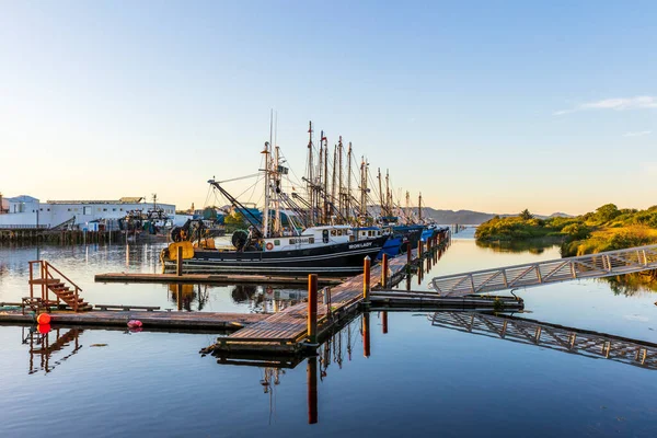 Commercial fishing boats at the dock in the harbor during a sunset