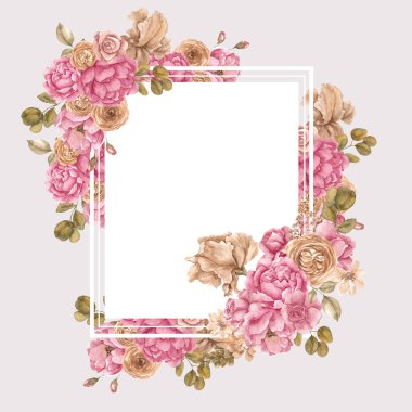 Suluboya çerçevesi. Sonbahar çiçekleri ve yaprakları, beyaz arka planda izole.