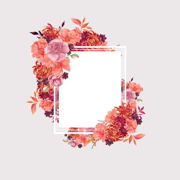 Watercolor Fall Frame Autumn Flowers Leaves Isolated White Background — Stock Photo, Image