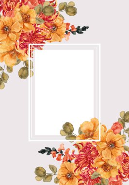 Güzel çiçekler ve yapraklarla suluboya çerçeve, el çizimi illüstrasyon