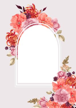 Güzel çiçekler ve yapraklarla suluboya çerçeve, el çizimi illüstrasyon