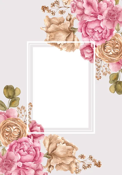 Moldura Queda Aquarela Com Flores Folhas Bonitas Ilustração Desenho Mão — Fotografia de Stock